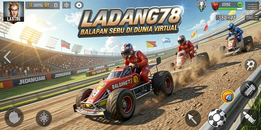 Screenshot utama LADANG78 menampilkan aksi balapan yang seru.