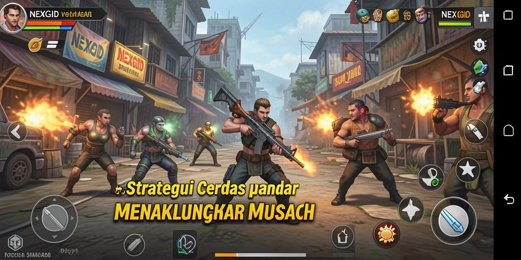 Screenshot gameplay penuh aksi dari NEXGID yang menampilkan strategi pertempuran.