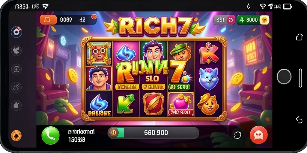 Screenshot gameplay RICH7 menampilkan putaran Slot yang penuh warna.