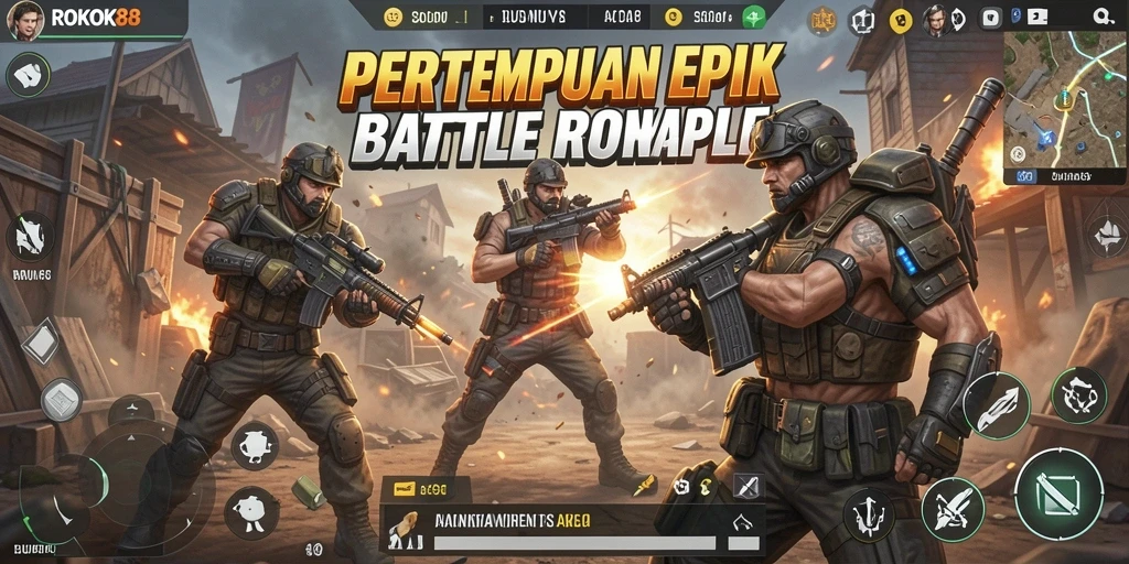 Gameplay intens ROKOK88 di arena Battle Royale.
