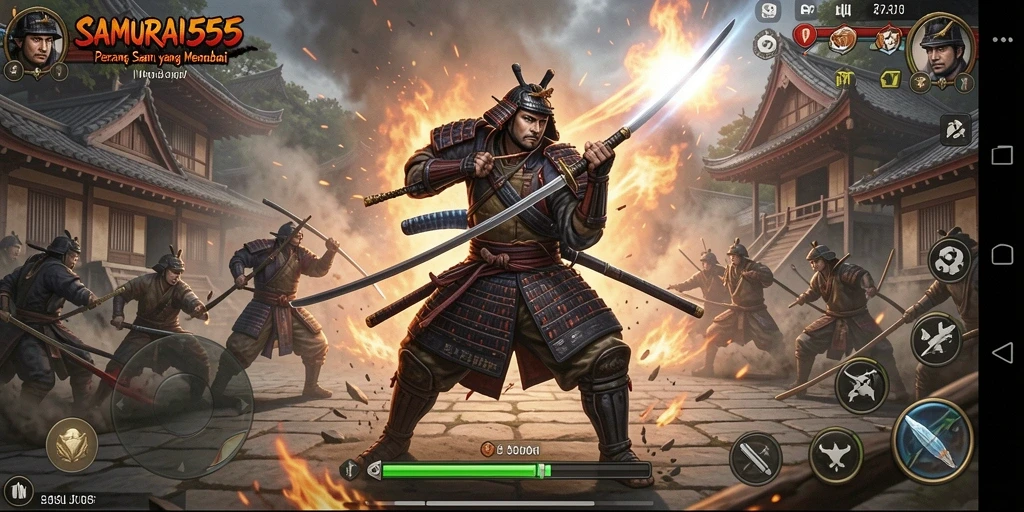 Screenshot gameplay <strong>SAMURAI555</strong> menunjukkan pertarungan samurai yang seru.