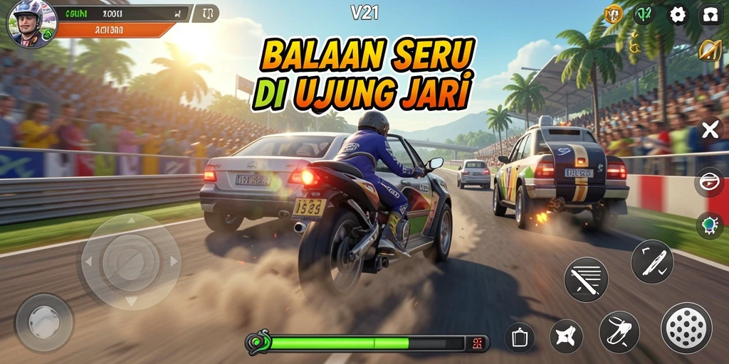 Screenshot gameplay V21 menampilkan balapan seru di trek yang menantang.