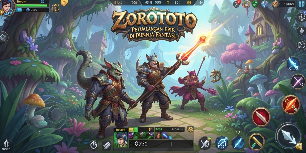 Screenshot ZOROTOTO menampilkan pertarungan epik di dunia fantastis.